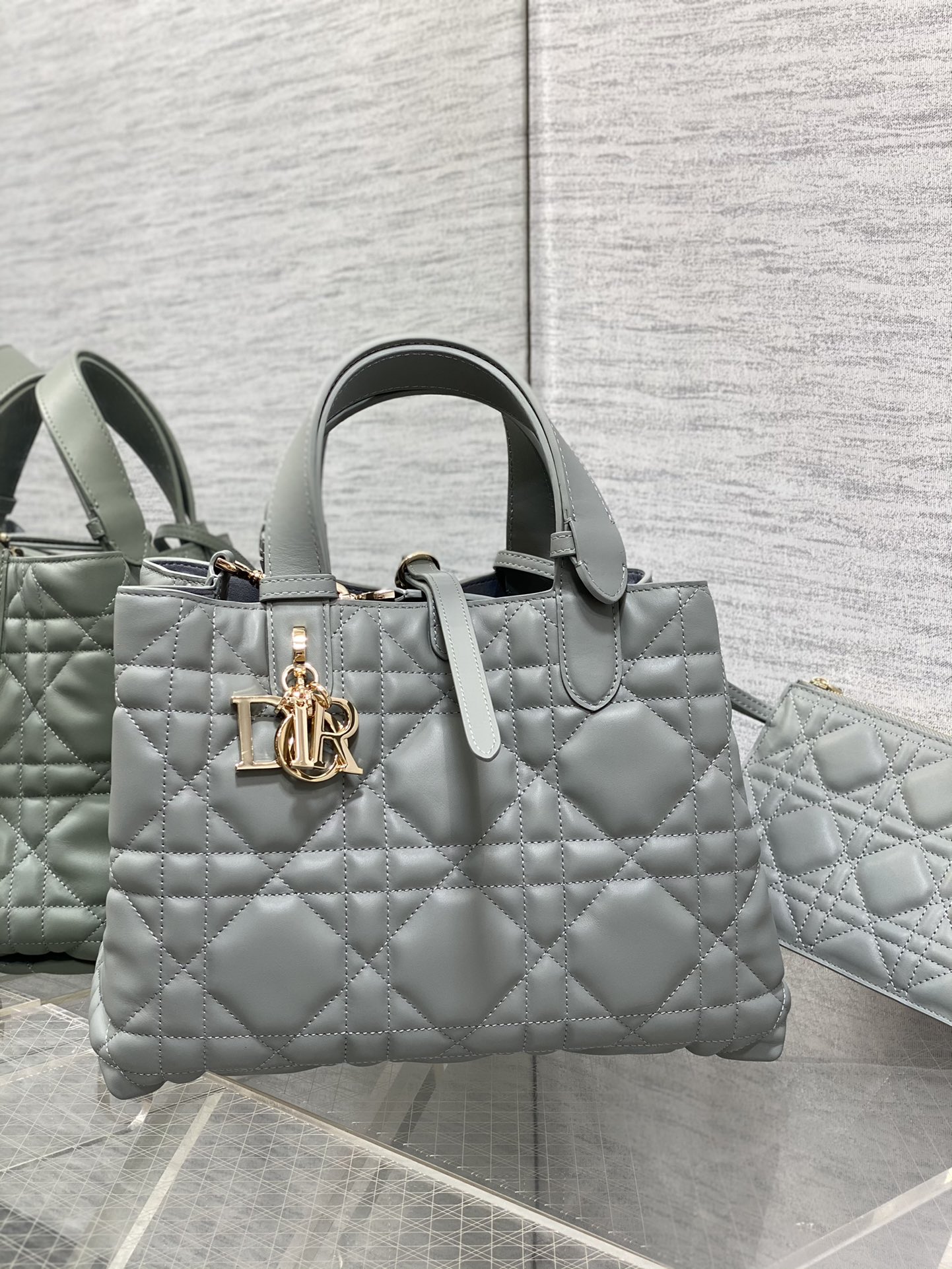 Medium Dior Toujours Bag Gray Macrocannage Calfskin